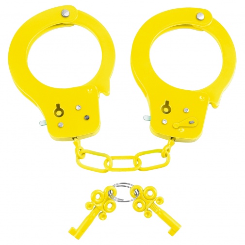 Neónovo žlté kovové putá s bezpečnostnou poistkov a dvoma kľúčikmi - Neon Fun Cuffs.